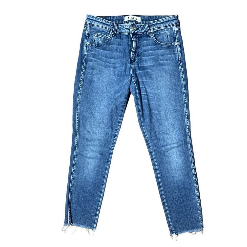 AMO Stix Crop Sweetheart Denim Jeans Distressed Mid Rise Cropped Raw Hem Size 28
